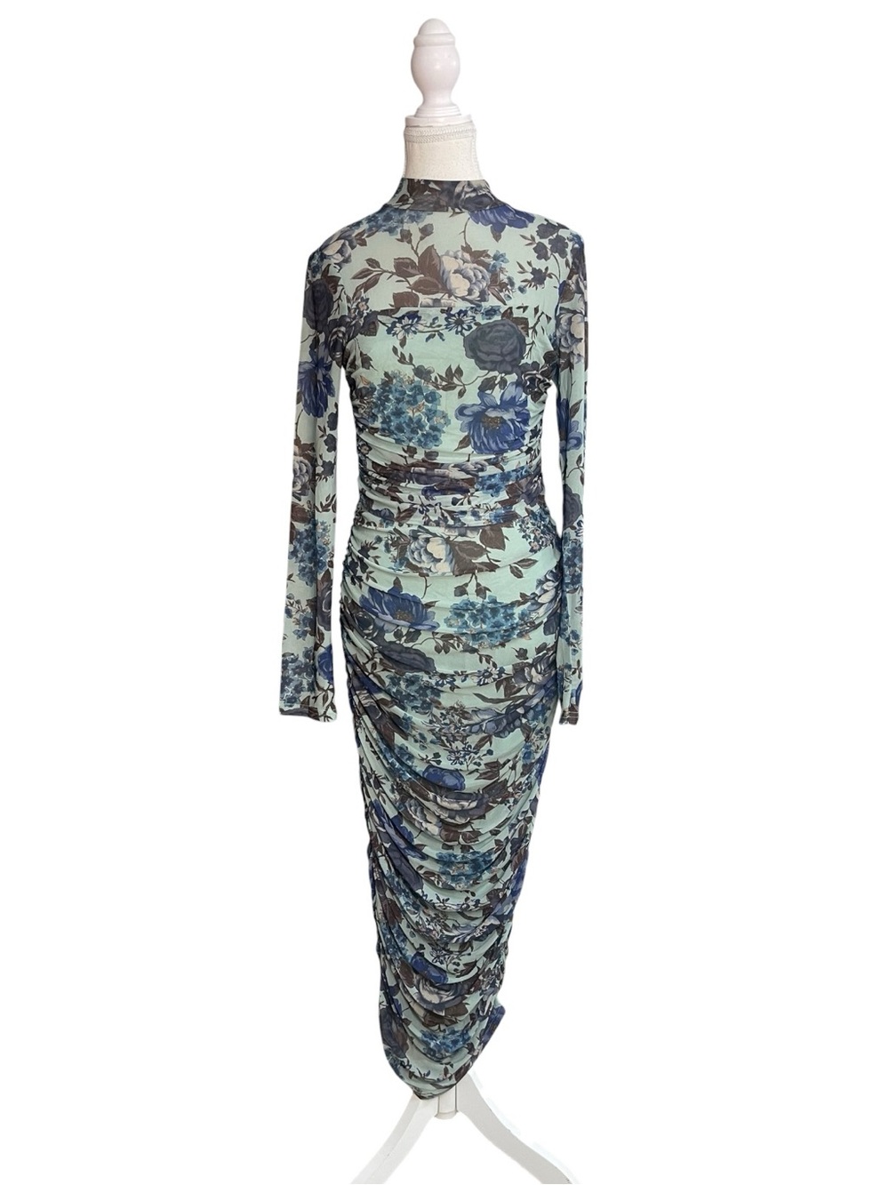 Lulus Impressive Flirt Ruched Mock Neck Mesh Midi Dress Green Floral